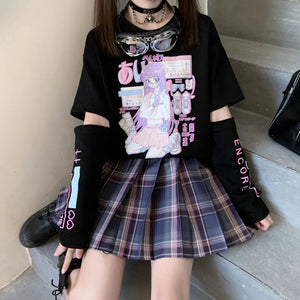 Anime Purple White Black E-girl Shooter Graphic Harajuku T Shirt & Arm Warmers-Kawaii Dream