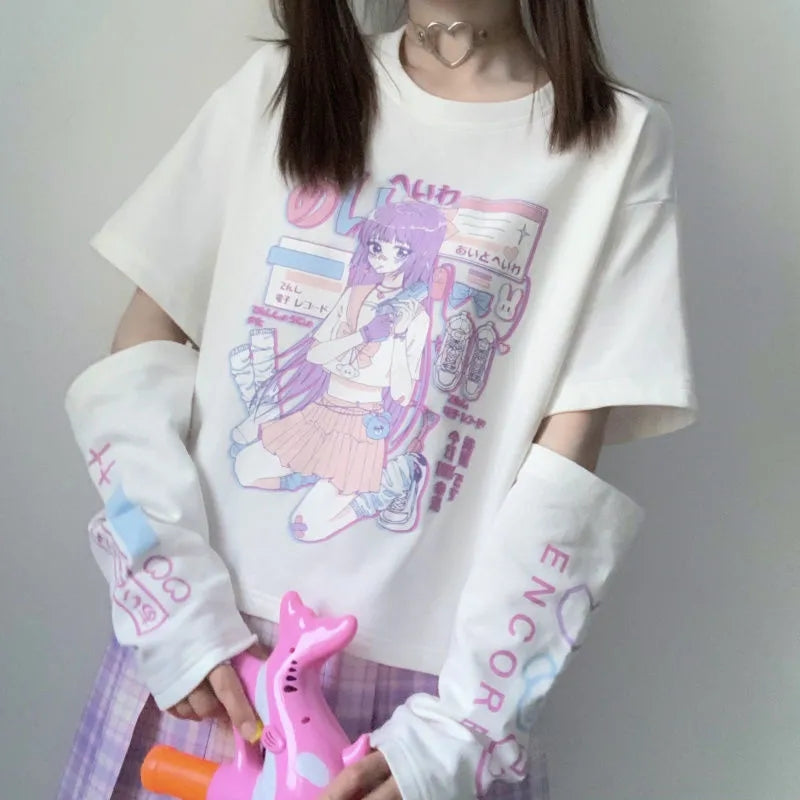Anime Purple White Black E-girl Shooter Graphic Harajuku T Shirt & Arm Warmers-Kawaii Dream