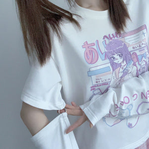 Anime Purple White Black E-girl Shooter Graphic Harajuku T Shirt & Arm Warmers-Kawaii Dream