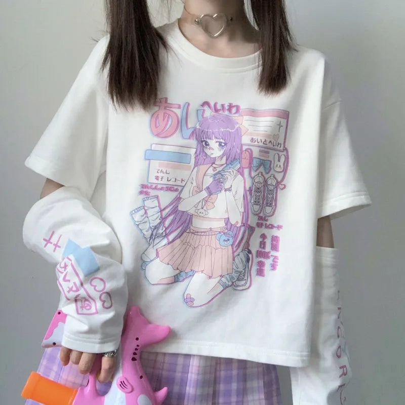 Anime Purple White Black E-girl Shooter Graphic Harajuku T Shirt & Arm Warmers-Kawaii Dream