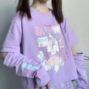 Anime Purple White Black E-girl Shooter Graphic Harajuku T Shirt & Arm Warmers-Kawaii Dream