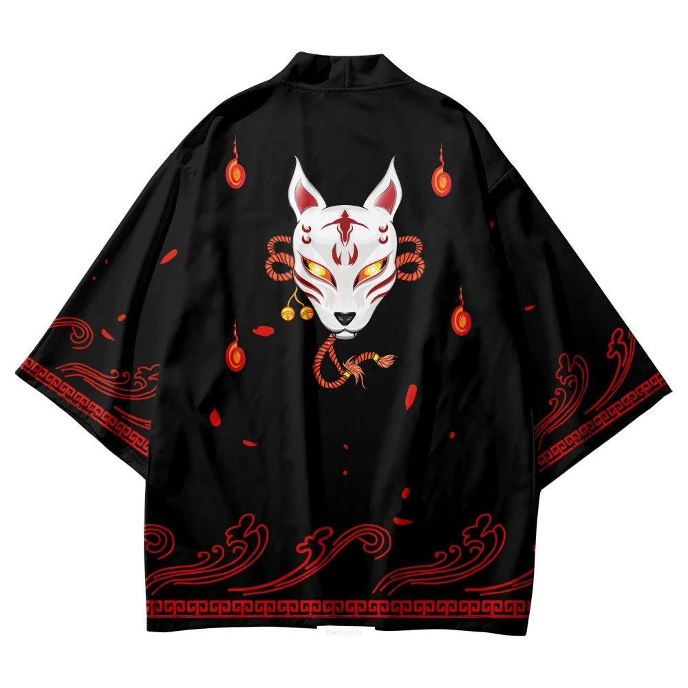 Anime White Fox Mask Black Red Unisex Kimono-Kawaii Dream