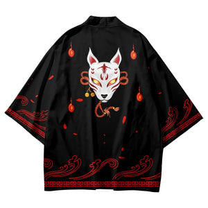 Anime White Fox Mask Black Red Unisex Kimono-Kawaii Dream