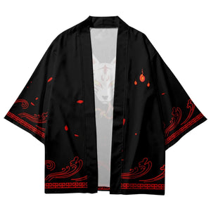 Anime White Fox Mask Black Red Unisex Kimono-Kawaii Dream