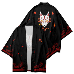 Anime White Fox Mask Black Red Unisex Kimono-Kawaii Dream