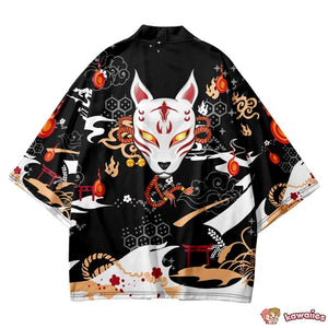 Anime White Fox Mask Pattern Unisex Kimono-Kawaii Dream