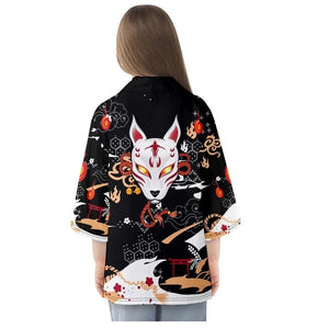 Anime White Fox Mask Pattern Unisex Kimono-Kawaii Dream