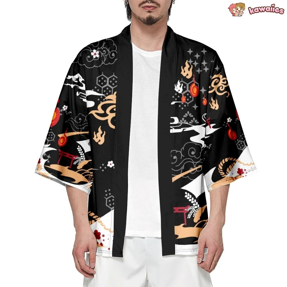 Anime White Fox Mask Pattern Unisex Kimono-Kawaii Dream