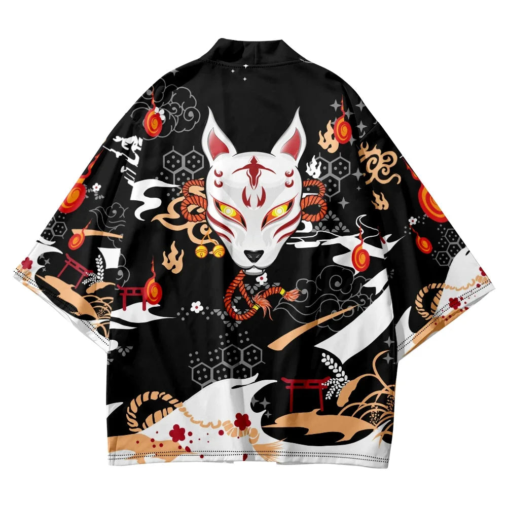 Anime White Fox Mask Pattern Unisex Kimono-Kawaii Dream