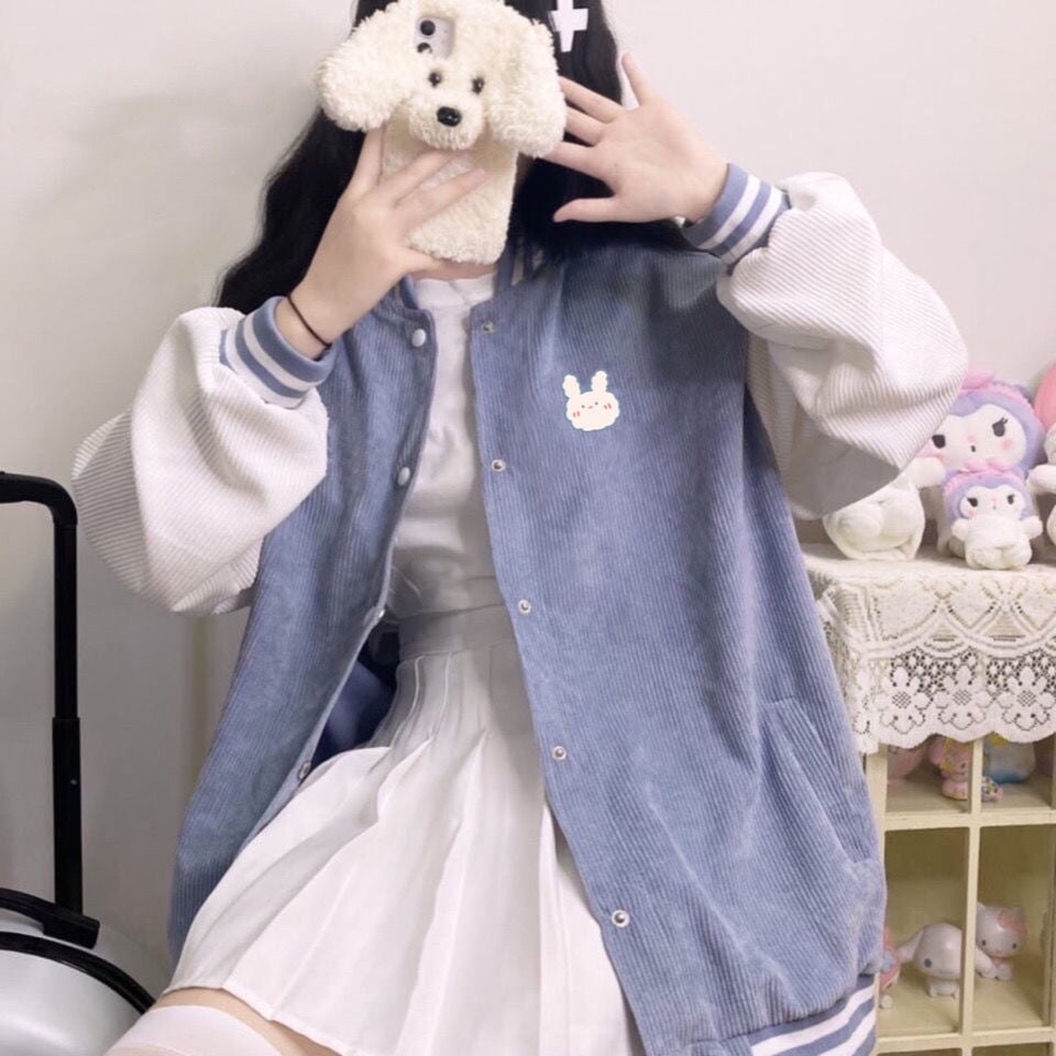 Baby Blue Bear Striped Women's Varsity Jacket-Kawaii Dream