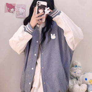 Baby Blue Bear Striped Women's Varsity Jacket-Kawaii Dream