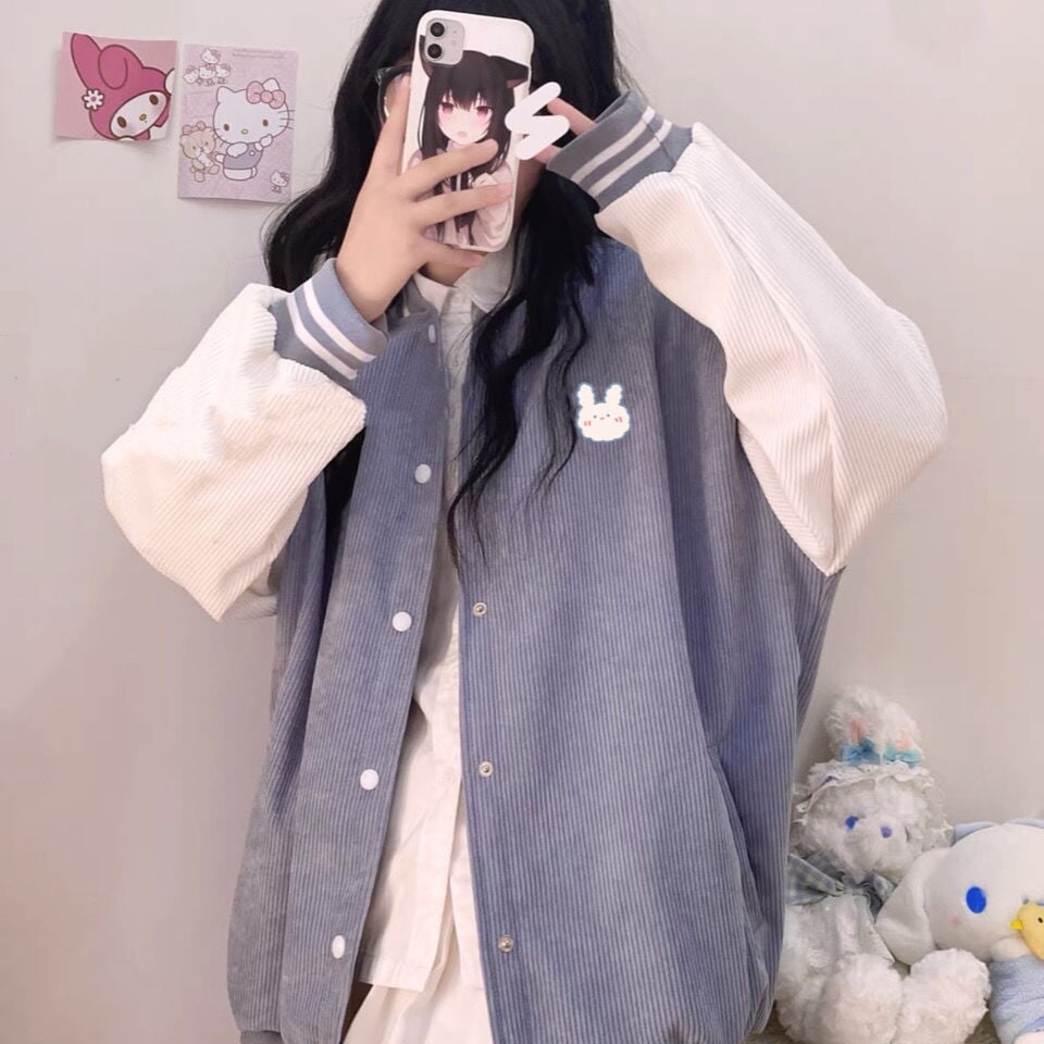 Baby Blue Bear Striped Women's Varsity Jacket-Kawaii Dream