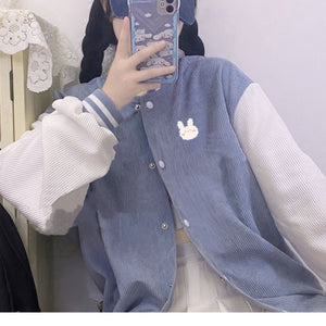 Baby Blue Bear Striped Women's Varsity Jacket-Kawaii Dream