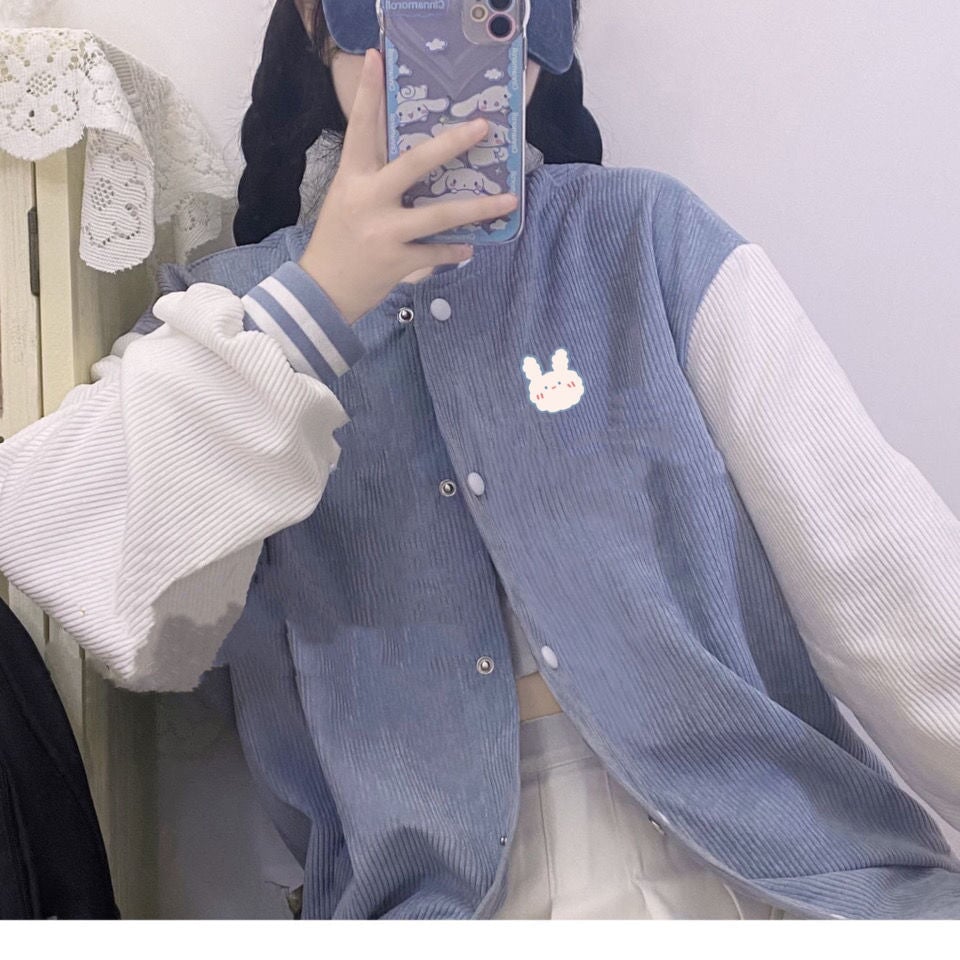 Baby Blue Bear Striped Women's Varsity Jacket-Kawaii Dream
