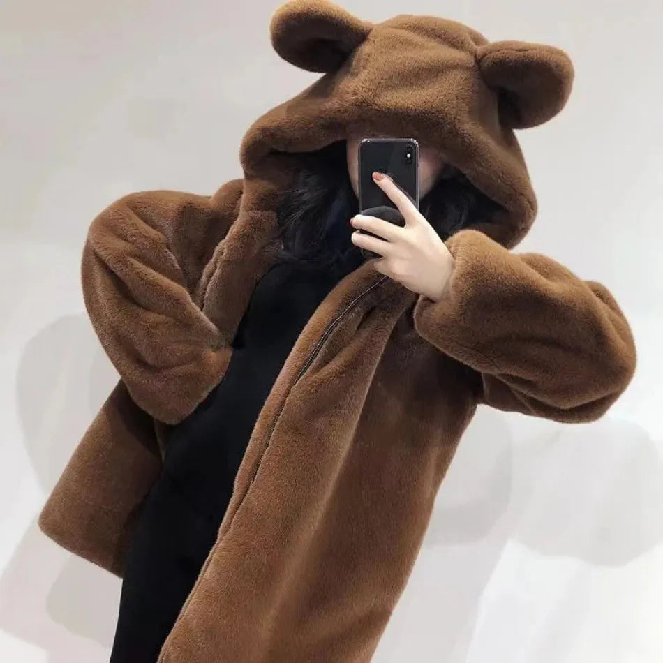 Bear Soft Faux Fur Hooded Coat-Kawaii Dream