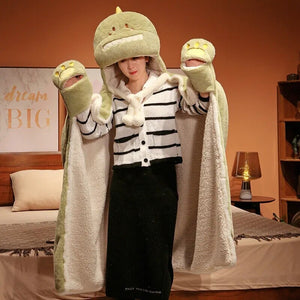 Black Cat Green Dino Plush Cape Hoodie Blanket-Kawaii Dream
