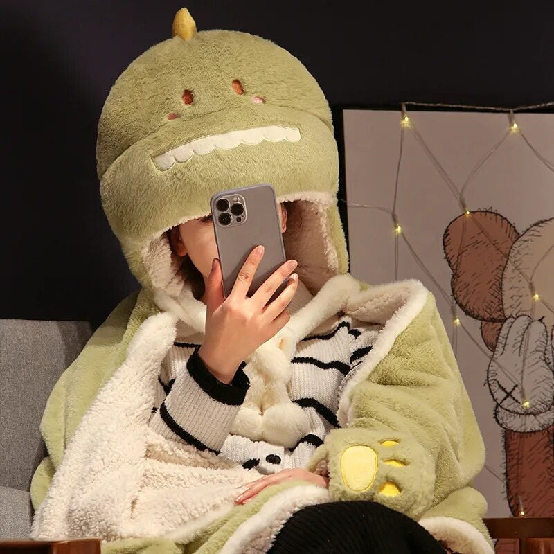 Black Cat Green Dino Plush Cape Hoodie Blanket-Kawaii Dream