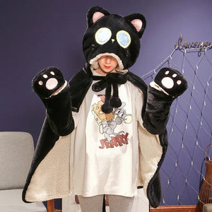 Black Cat Green Dino Plush Cape Hoodie Blanket-Kawaii Dream