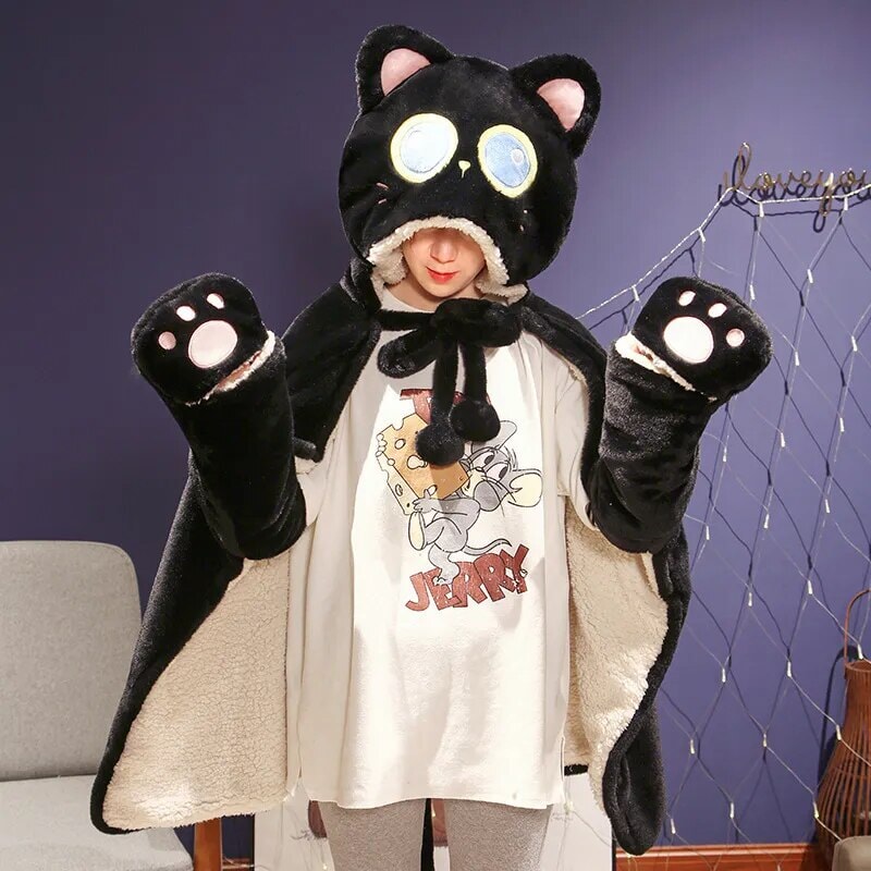 Black Cat Green Dino Plush Cape Hoodie Blanket-Kawaii Dream