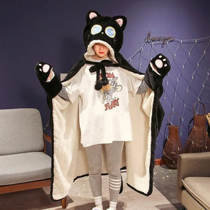 Black Cat Green Dino Plush Cape Hoodie Blanket-Kawaii Dream