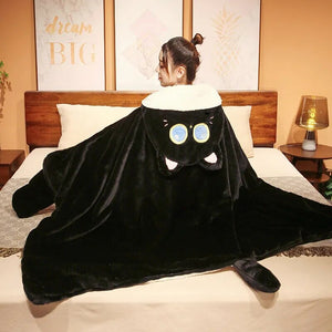 Black Cat Green Dino Plush Cape Hoodie Blanket-Kawaii Dream