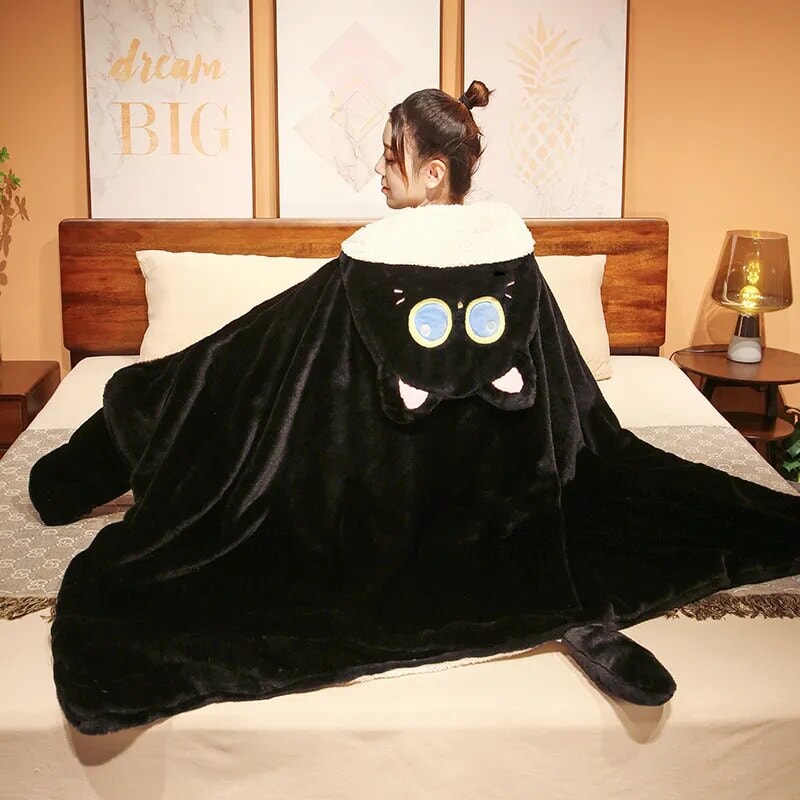 Black Cat Green Dino Plush Cape Hoodie Blanket-Kawaii Dream