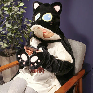 Black Cat Green Dino Plush Cape Hoodie Blanket-Kawaii Dream