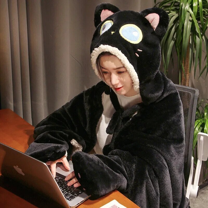 Black Cat Green Dino Plush Cape Hoodie Blanket-Kawaii Dream