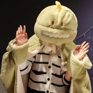 Black Cat Green Dino Plush Cape Hoodie Blanket-Kawaii Dream