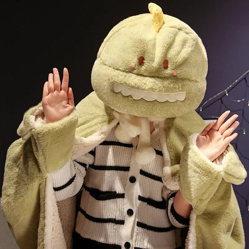 Black Cat Green Dino Plush Cape Hoodie Blanket-Kawaii Dream