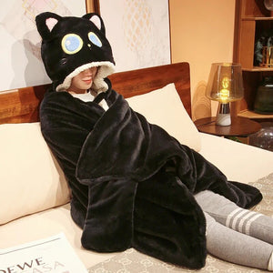 Black Cat Green Dino Plush Cape Hoodie Blanket-Kawaii Dream