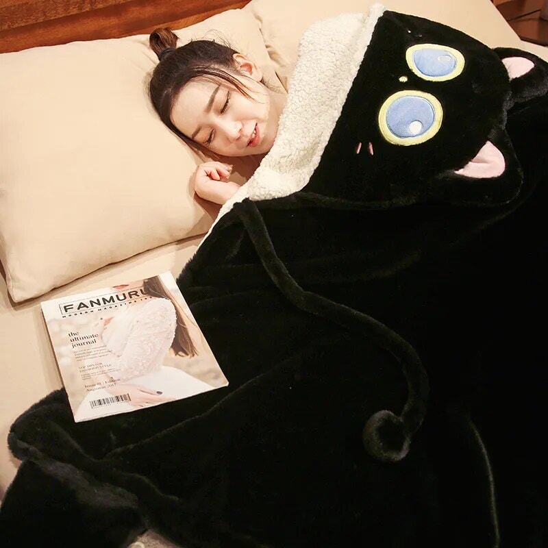 Black Cat Green Dino Plush Cape Hoodie Blanket-Kawaii Dream