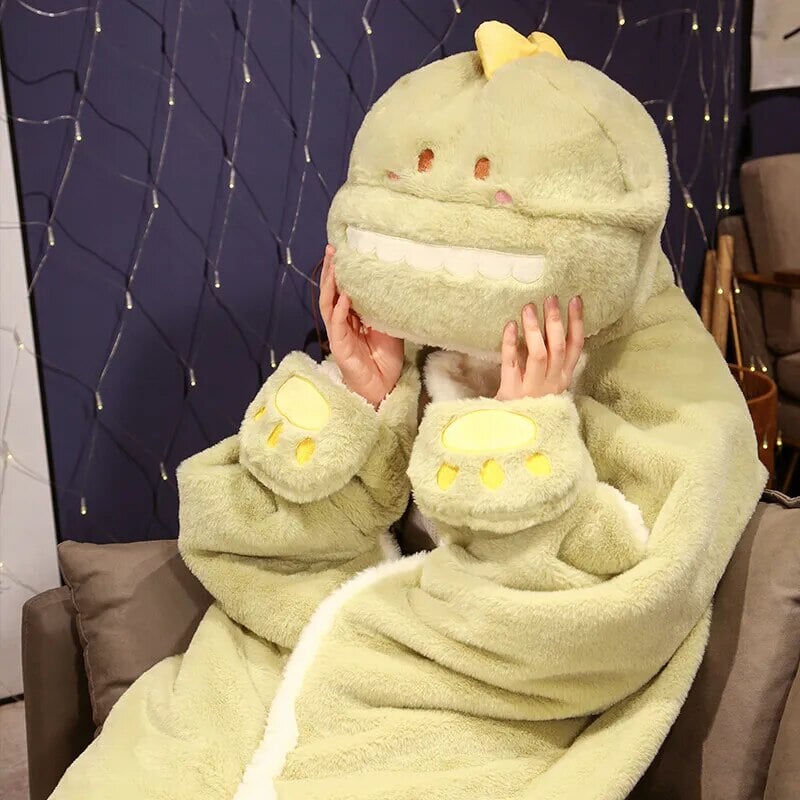 Black Cat Green Dino Plush Cape Hoodie Blanket-Kawaii Dream