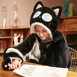 Black Cat Green Dino Plush Cape Hoodie Blanket-Kawaii Dream