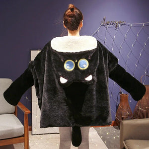Black Cat Green Dino Plush Cape Hoodie Blanket-Kawaii Dream