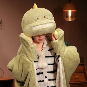 Black Cat Green Dino Plush Cape Hoodie Blanket-Kawaii Dream