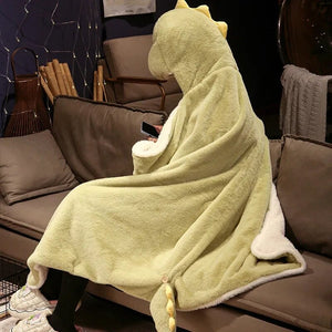 Black Cat Green Dino Plush Cape Hoodie Blanket-Kawaii Dream