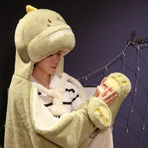 Black Cat Green Dino Plush Cape Hoodie Blanket-Kawaii Dream