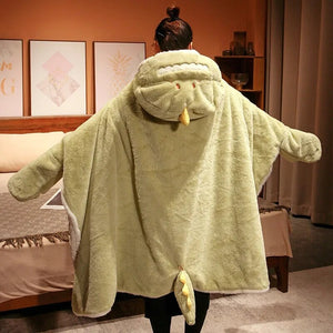 Black Cat Green Dino Plush Cape Hoodie Blanket-Kawaii Dream