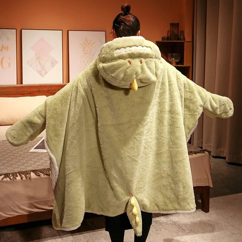 Black Cat Green Dino Plush Cape Hoodie Blanket-Kawaii Dream