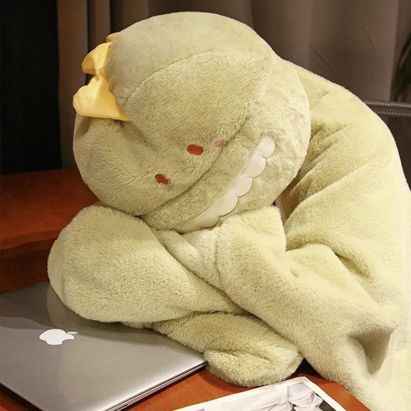 Black Cat Green Dino Plush Cape Hoodie Blanket-Kawaii Dream