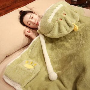 Black Cat Green Dino Plush Cape Hoodie Blanket-Kawaii Dream