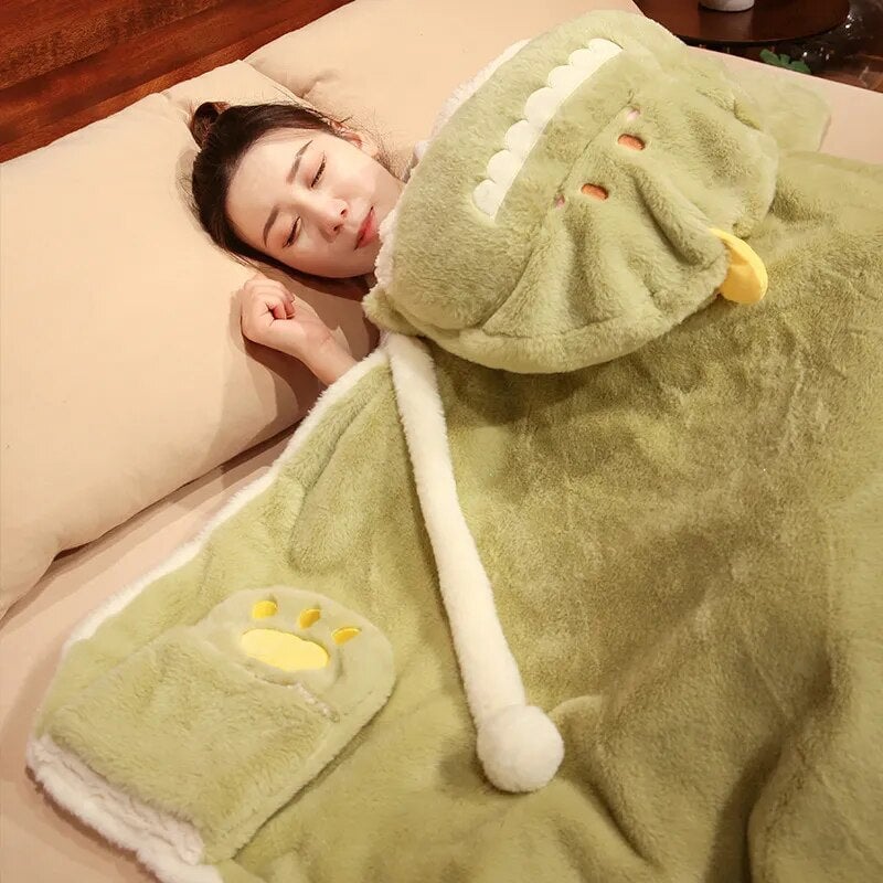 Black Cat Green Dino Plush Cape Hoodie Blanket-Kawaii Dream