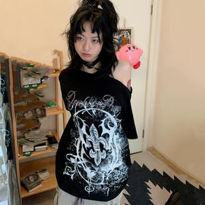 Black Gothic Floral Pattern Off Shoulder Women's Tee-Kawaii Dream