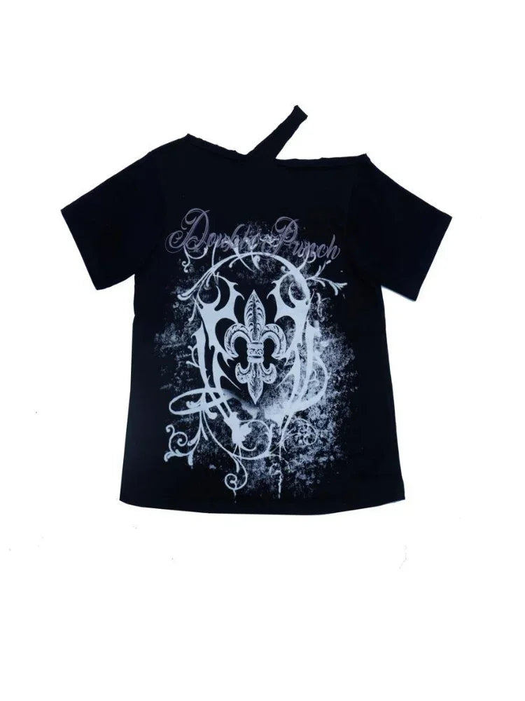 Black Gothic Floral Pattern Off Shoulder Women's Tee-Kawaii Dream