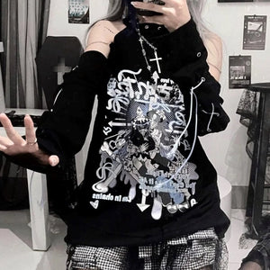 Black Gothic Harajuku Anime Off-Shoulder Long Sleeve Tee-Kawaii Dream