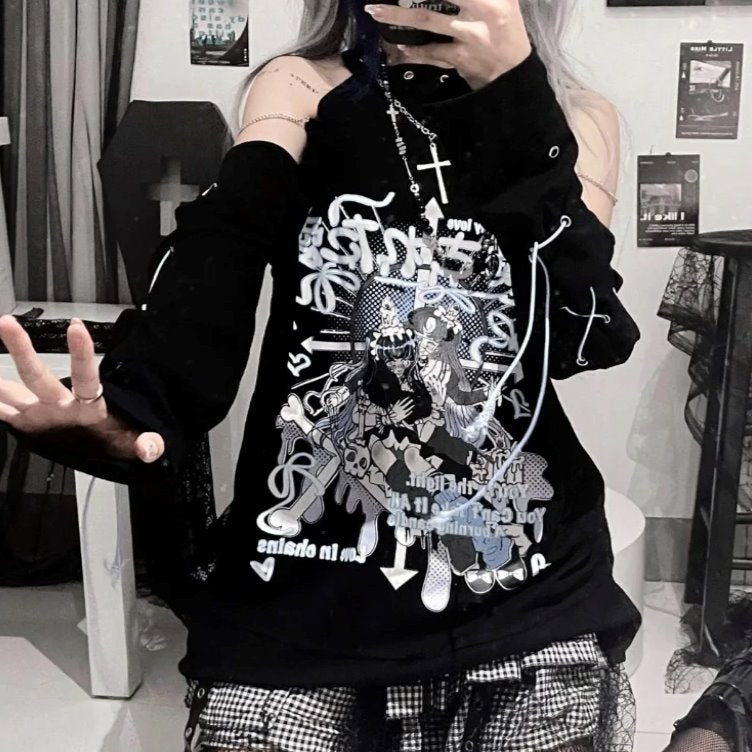 Black Gothic Harajuku Anime Off-Shoulder Long Sleeve Tee-Kawaii Dream