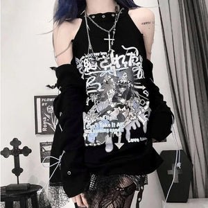 Black Gothic Harajuku Anime Off-Shoulder Long Sleeve Tee-Kawaii Dream
