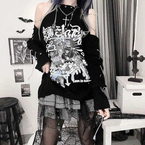 Black Gothic Harajuku Anime Off-Shoulder Long Sleeve Tee-Kawaii Dream