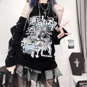 Black Gothic Harajuku Anime Off-Shoulder Long Sleeve Tee-Kawaii Dream